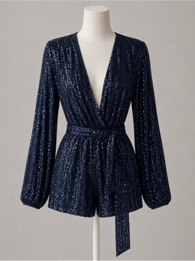 Free People Navy Sequin Wrap Jumpsuit – XS (Excellent Condition)